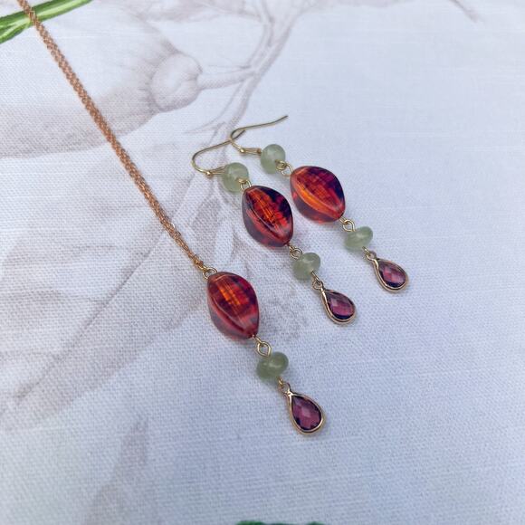 Amber Garnet Wine Red Crystal Glass Cantaloupe Fruit Green Casual Jewelry Set - Picture 5 of 6